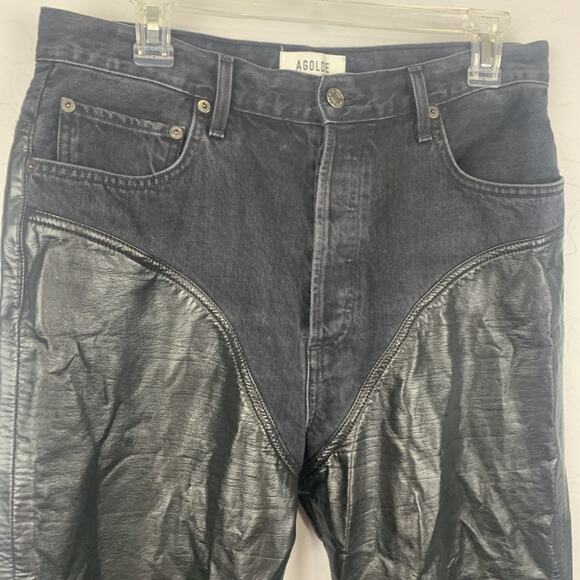 AGOLDE Harley Jean Pants Womens 30 Black Recycled Leather Panel High Rise USA - Picture 3 of 10